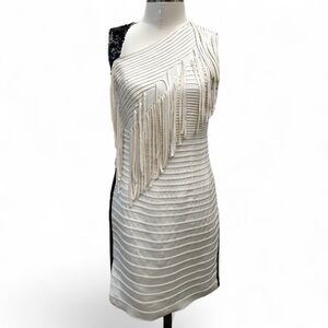 Sachin + Babi One-Shoulder Sequin and Fringe Mini Dress – White/Black – Size 4